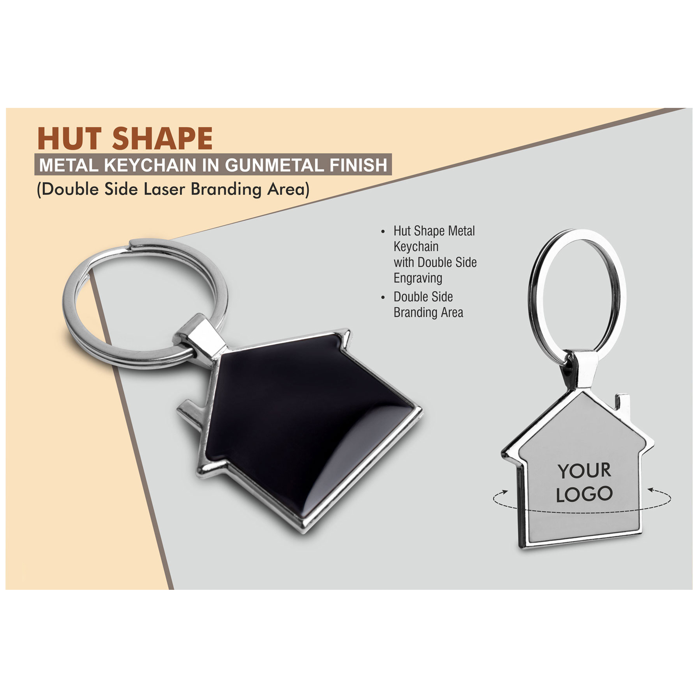 101-J126*Hut shape metal keychain in Black finish Double side laser