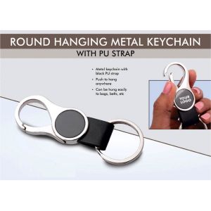 101-J128*Round hanging metal keychain with PU strap