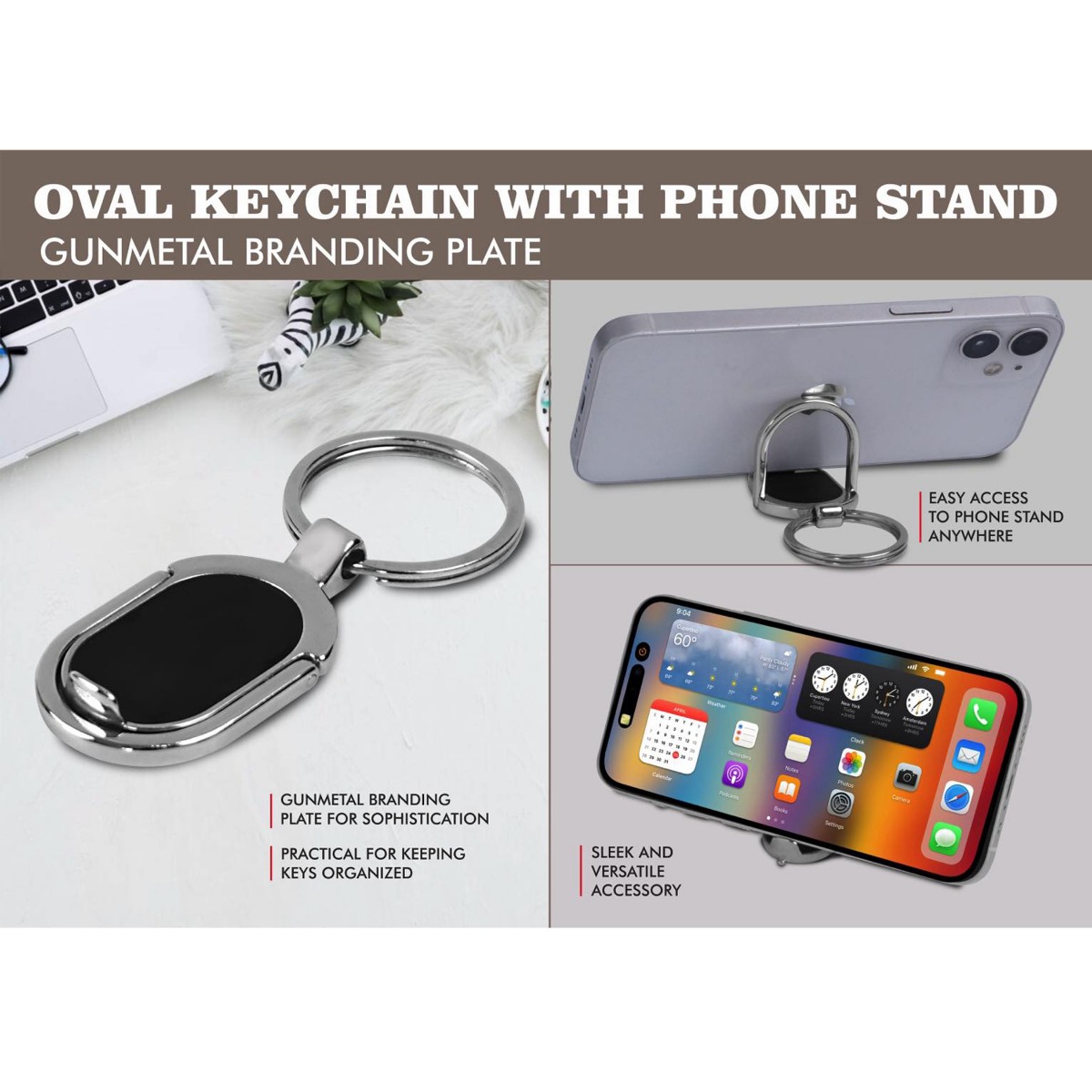 101-J139*Oval Keychain with Phone stand  Gunmetal branding plate