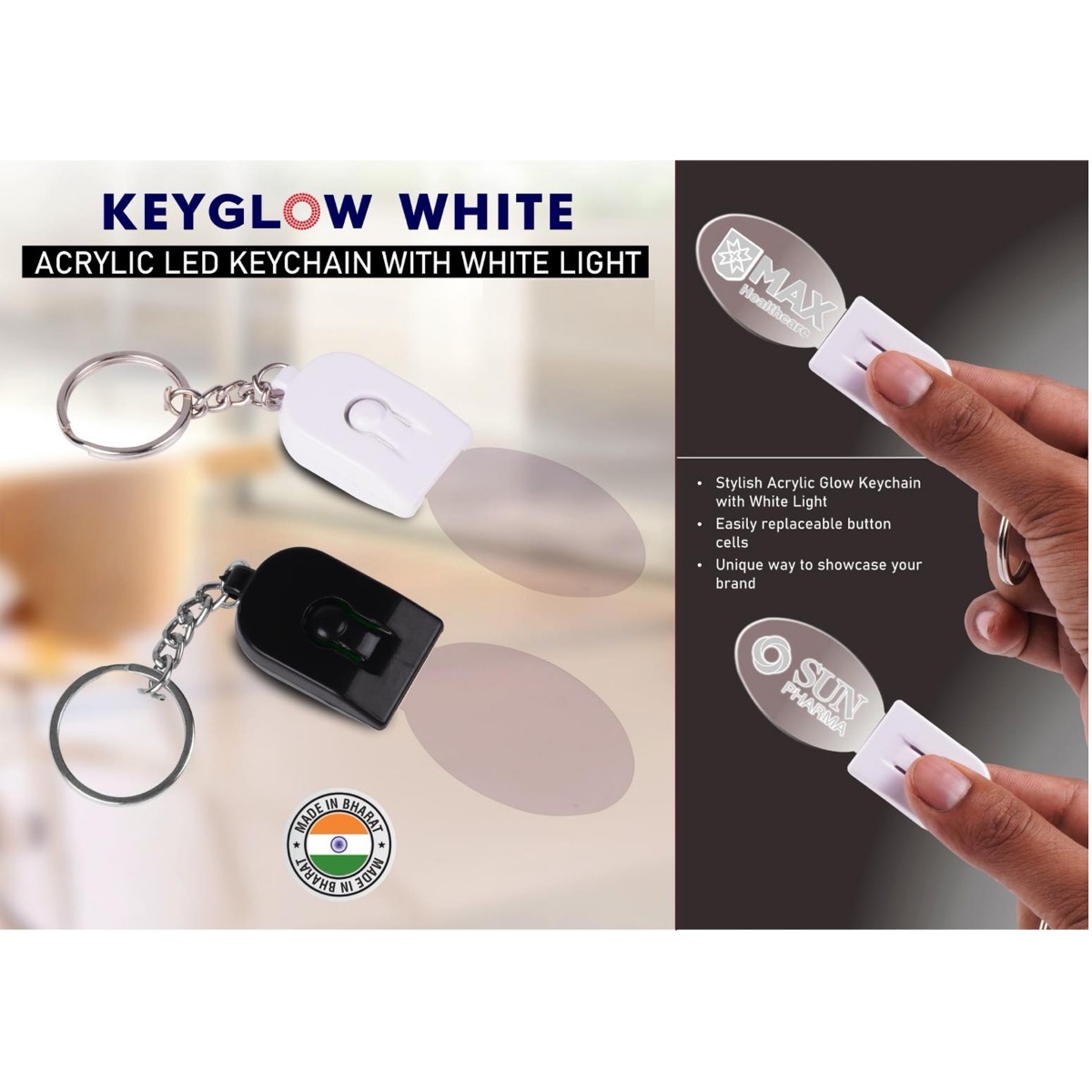 101-J144*Keyglow White Acrylic LED Keychain with White Light Oval shape