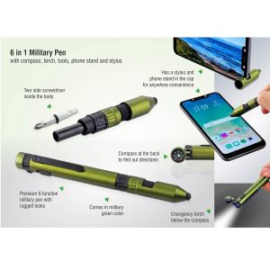 101-L144*6 in 1 Military pen with compass torch tools phone stand and stylus