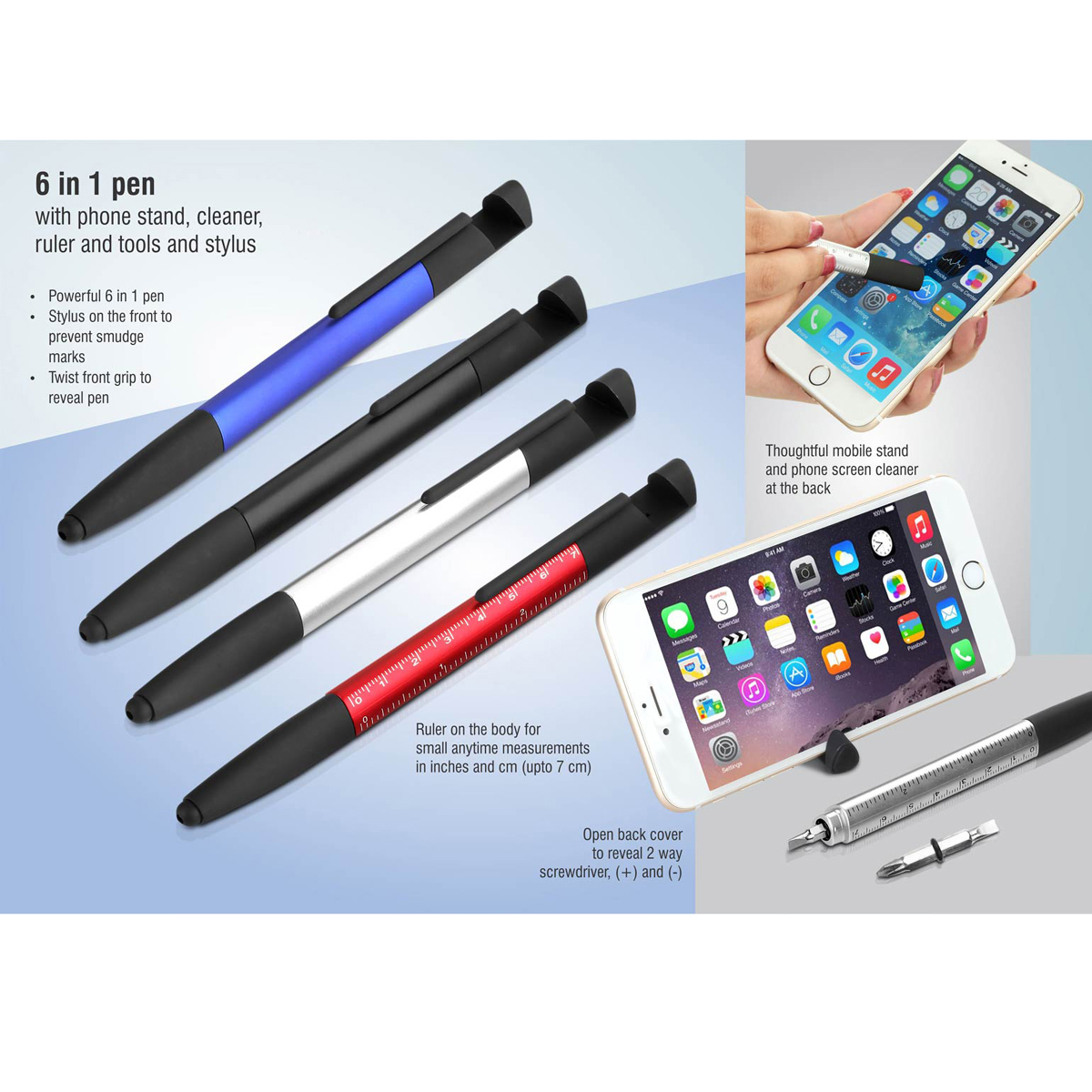 101-L145*6 in 1 pen with phone stand cleaner ruler tools