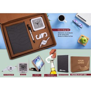 101-Q102*5 in 1 Gray set Expandable Data cable Spinner with bottle opener 4 in 1 pen Glow Clock and A5 PU notebook in Kraft Gift Box