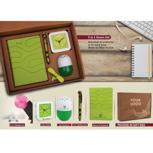 101-Q103*5 in 1 Green set Air freshener 100 gm  Mobile Fan 6 in 1 military pen Glow Clock and A5 PU notebook in Kraft Gift Box