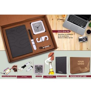 101-Q105*5 in 1 Gray set Spinner with bottle opener Keychain with Car charger and cable Jack stylus with phone stand Glow Clock and A5 PU notebook in Kraft Gift Box