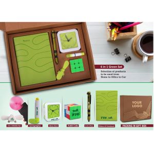 101-Q106*6 in 1 Green set Rubik Cube Gel Highlighter Mobile Fan 6 in 1 military pen Glow Clock & A5 PU notebook in Kraft Gift Box