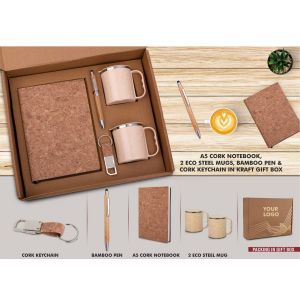 101-Q107*EcoSet 1 Set of A5 Cork notebook 2 Eco Steel mugs Bamboo Pen & Cork Keychain in Kraft Gift Box