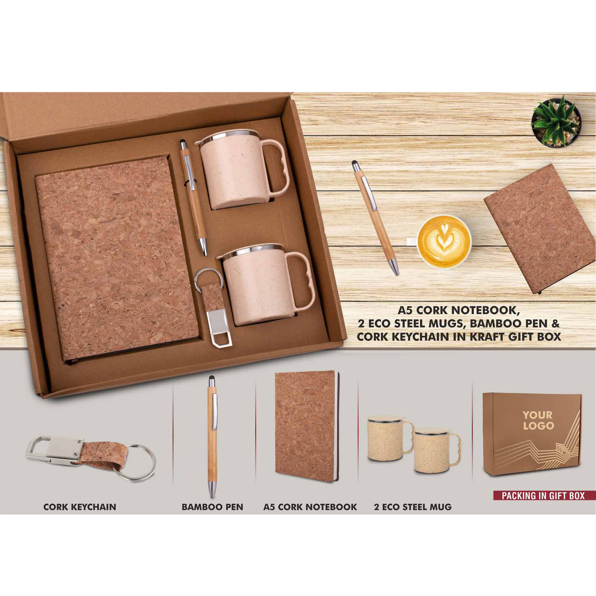101-Q107*EcoSet 1 Set of A5 Cork notebook 2 Eco Steel mugs Bamboo Pen & Cork Keychain in Kraft Gift Box