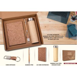 101-Q109*EcoSet 3 Set of A5 Cork notebook Bamboo 304 Steel Vacuum Flask Bamboo Pen & Cork Keychain in Kraft Gift Box