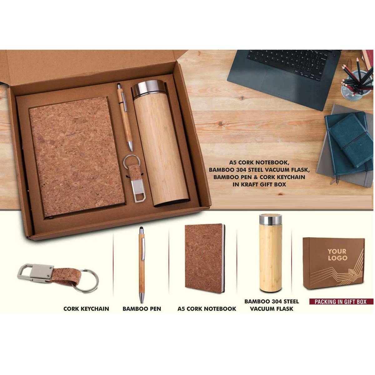 101-Q109A*EcoSet 3 Set of A5 Cork notebook Bamboo 304 Steel Vacuum Flask Bamboo Pen & Cork Keychain in Kraft Gift Box