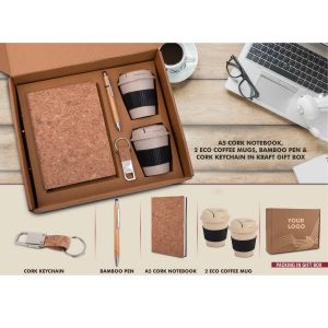 101-Q110*EcoSet 4- Set of A5 Cork notebook, 2 Bamboo Coffee Mugs with Silicon Sleeve