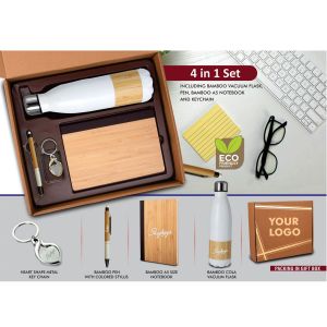 101-Q112*4 In 1 Bamboo Set: Keychain, Bamboo Vacuum Flask, Bamboo Pen And A5 Bamboo Cover Notebook In Kraft Gift Box