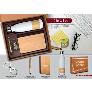 101-Q112*4 in 1 Bamboo set Keychain Bamboo vacuum flask Bamboo pen and A5 bamboo cover notebook in Kraft Gift Box