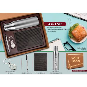 101-Q114*4 in 1 Gray set Metal keychain SS bottle Metal Pen and A5 PU notebook in Kraft Gift Box
