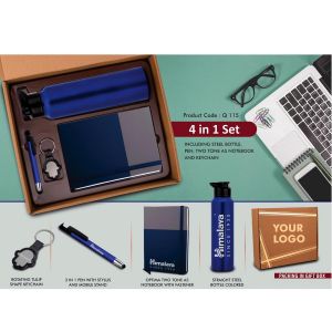 101-Q115*4 In 1 Dual Tone Set: Tulip Shape Keychain, SS Colored Bottle, Multifunction Pen And A5 PU Notebook In Kraft Gift Box
