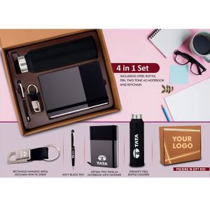 101-Q117*4 in 1 Dual Tone set Rectangle metal keychain SS colored bottle Metal Pen and A5 PU notebook in Kraft Gift Box