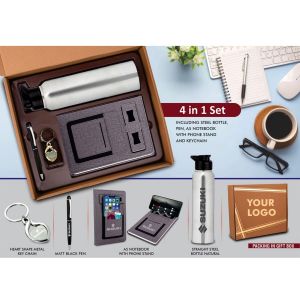 101-Q118* 4 In 1 Gray Set: Metal Keychain, SS Natural Bottle, Metal Pen And 4 In 1 Notebook In Kraft Gift Box