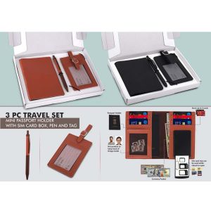 101-Q119*3 pc Travel set Mini Passport holder with Sim card box Luggage tag & Metal Pen in Gift box