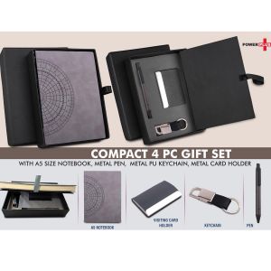 101-Q121*Compact 4 pc Gray gift set A5 size Notebook Metal pen Metal PU Keychain Metal Card holder