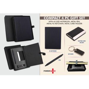 101-Q123*Compact 4 pc Black gift set A5 size Notebook Metal pen Metal PU Keychain Metal Card holder