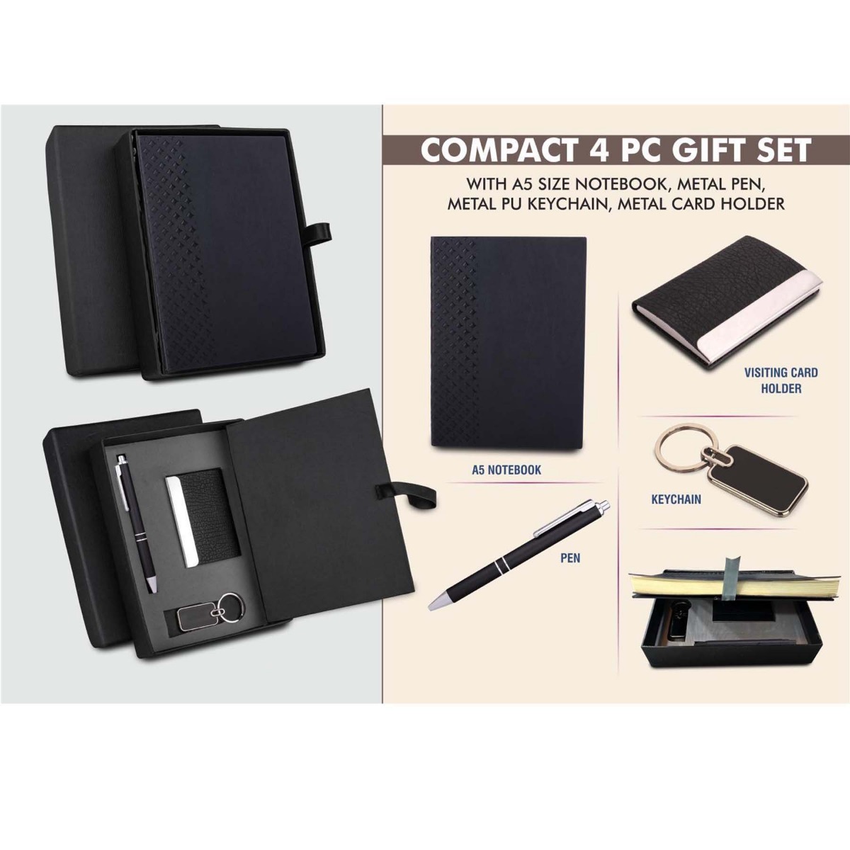 101-Q123A*Compact 4 pc Black gift set A5 size Notebook