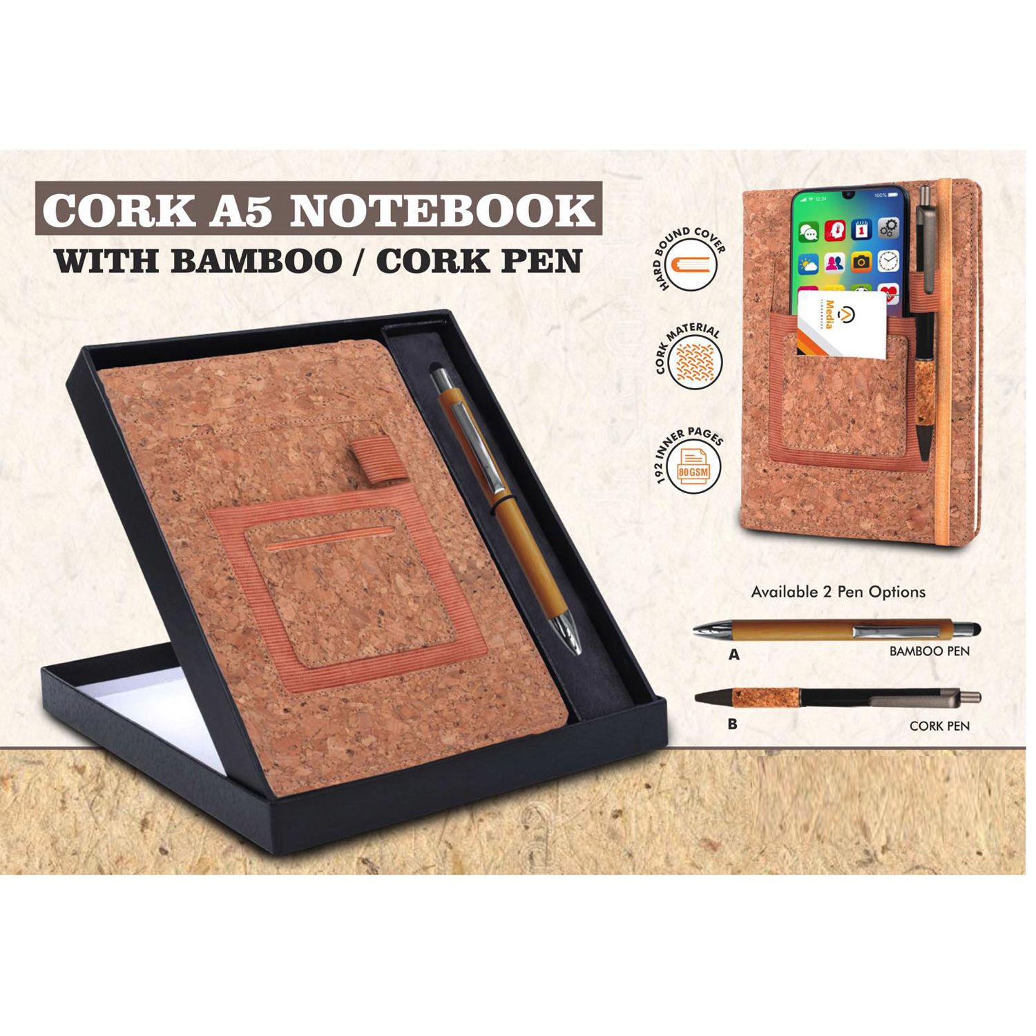 101-Q124*Notebook Gift set Eco Cork A5 Notebook