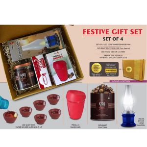 101-Q135*Festive Gift Set of 4 6 pc diya set Premium Glass mug 3 Step Lamp & Gourmet Popcorn  Metal Plate included