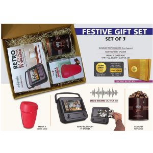 101-Q136*Festive Gift Set of 3 Premium Glass mug Bluetooth TV Speaker & Gourmet Popcorn  Metal Plate included