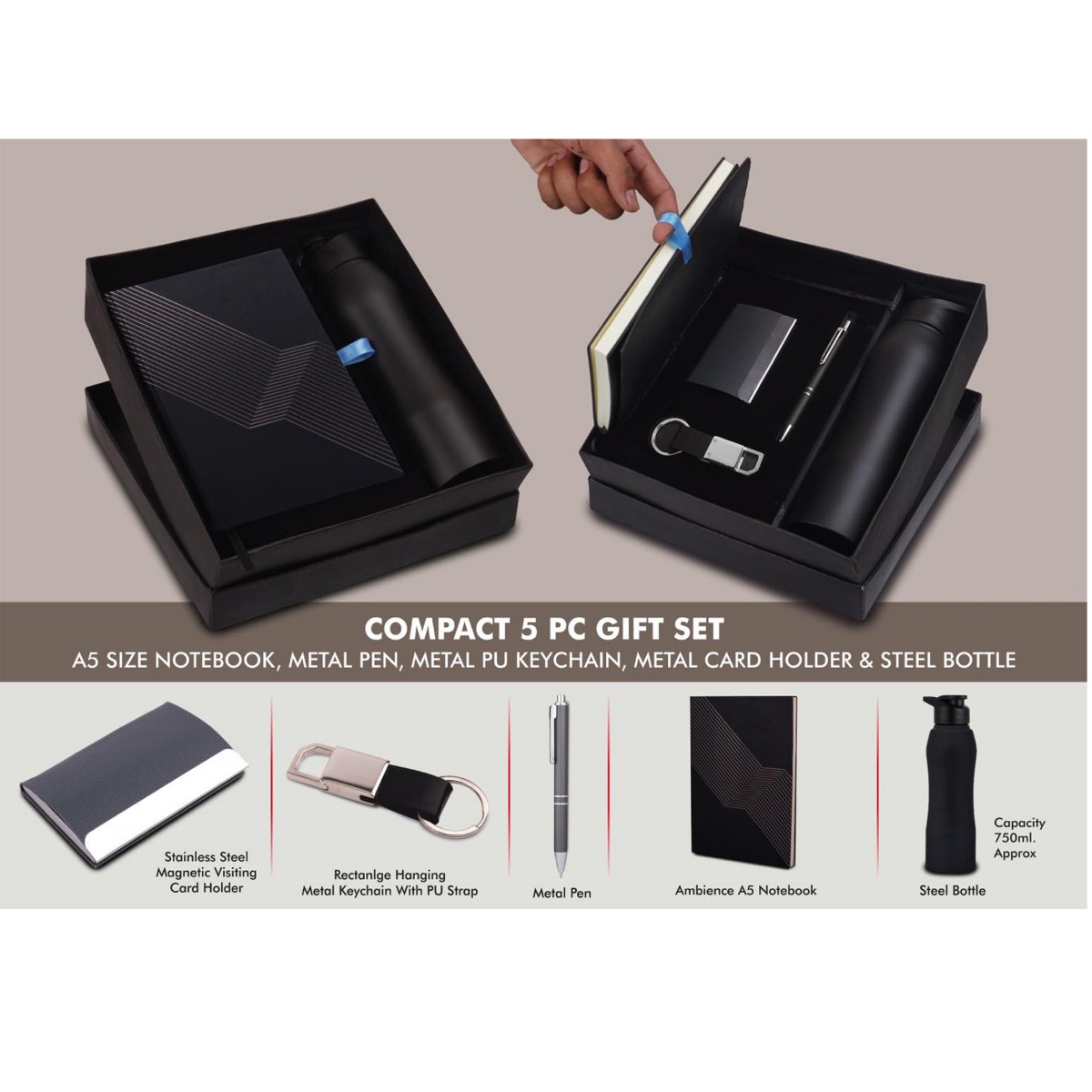 101-Q151*Compact 5 Pc Black Gift Set A5 Size Notebook 
