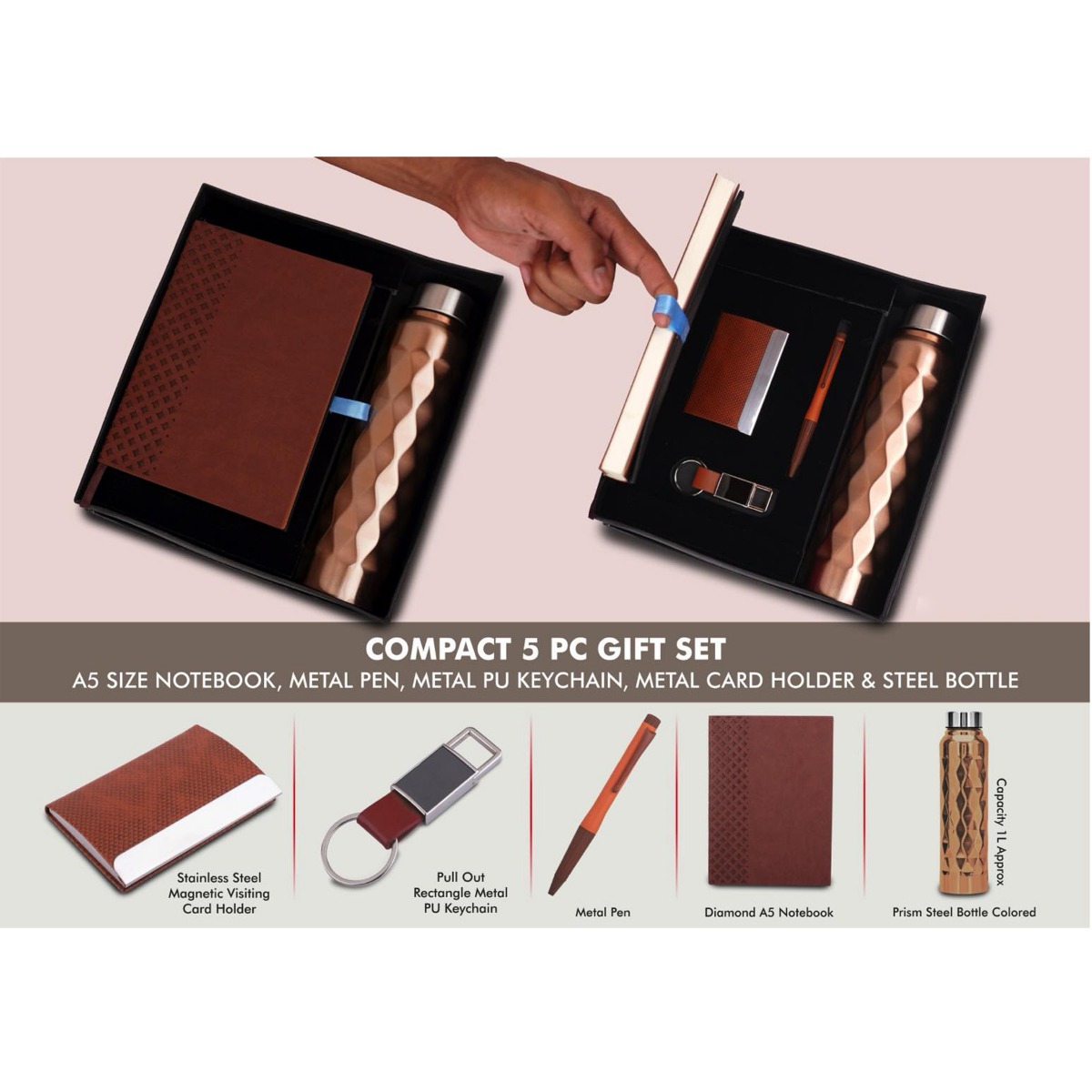 101-Q154*Compact 5 Pc Tan Gift Set A5 Size Notebook Metal Pen Metal Pu Keychain Metal Card Holder & Prism Steel Bottle
