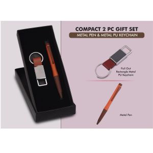 101-Q158*Compact 2 Pc Tan Gift Set- Metal Pen and Metal Pu Keychain