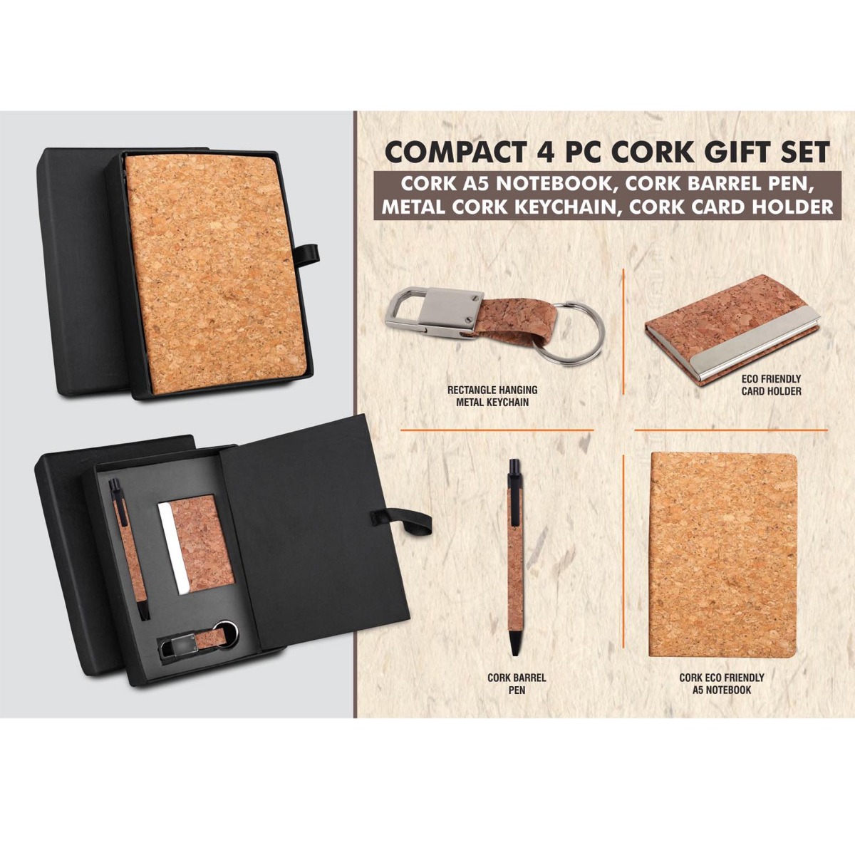 101-Q185*Cork 4 pc set Cork notebook 