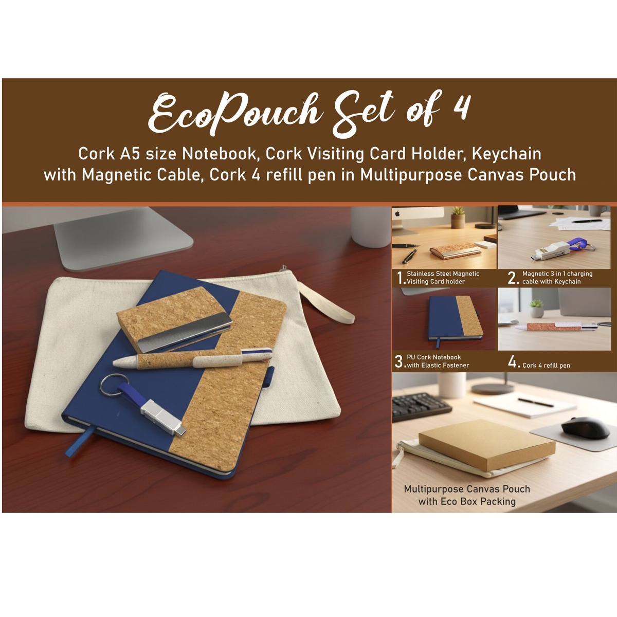 101-Q226*EcoPouch Set of 4 Cork Executive Kit in Multipurpose Canvas Pouch