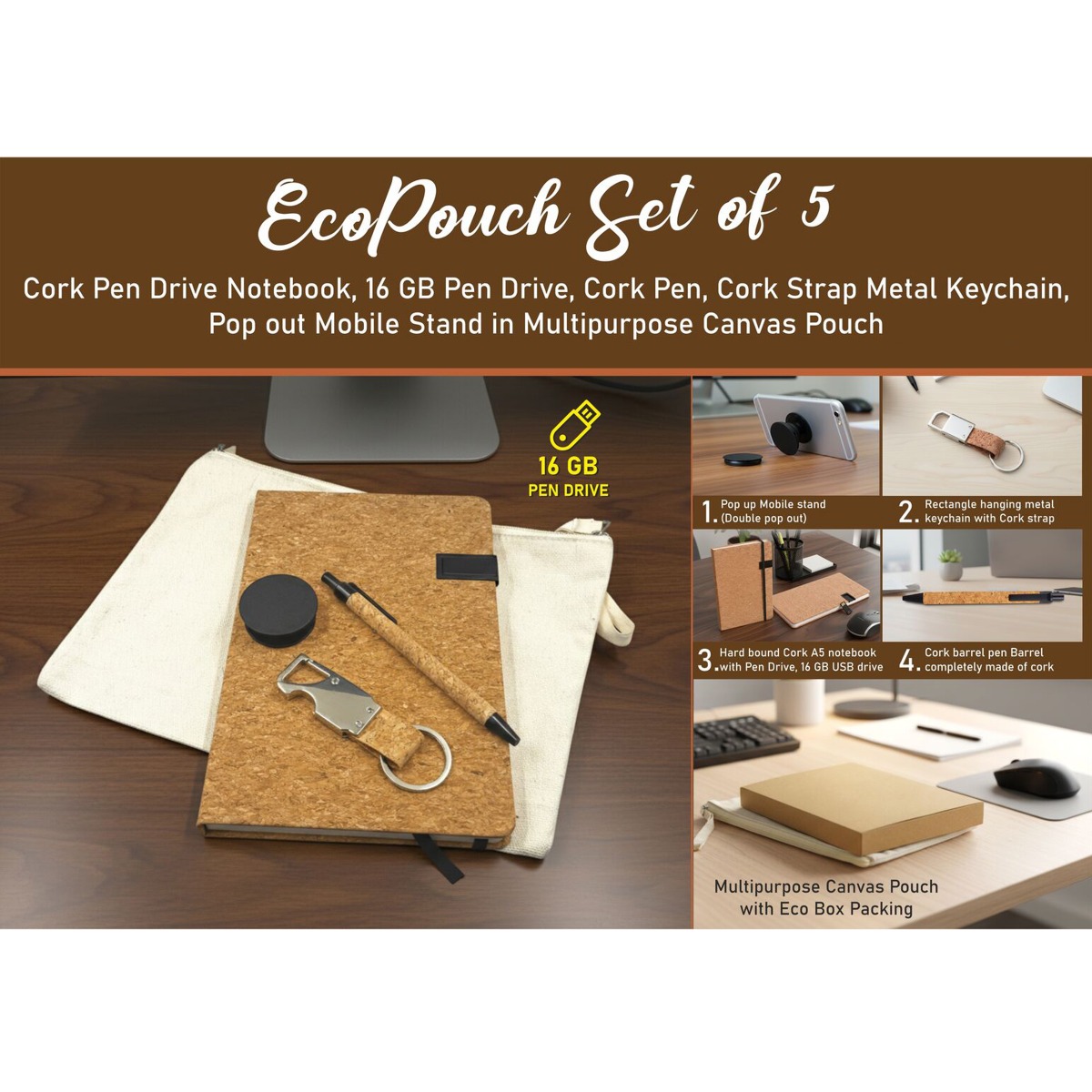 101-Q227*EcoPouch Set of 5 Cork Utility Pro Kit in Multipurpose Canvas Pouch