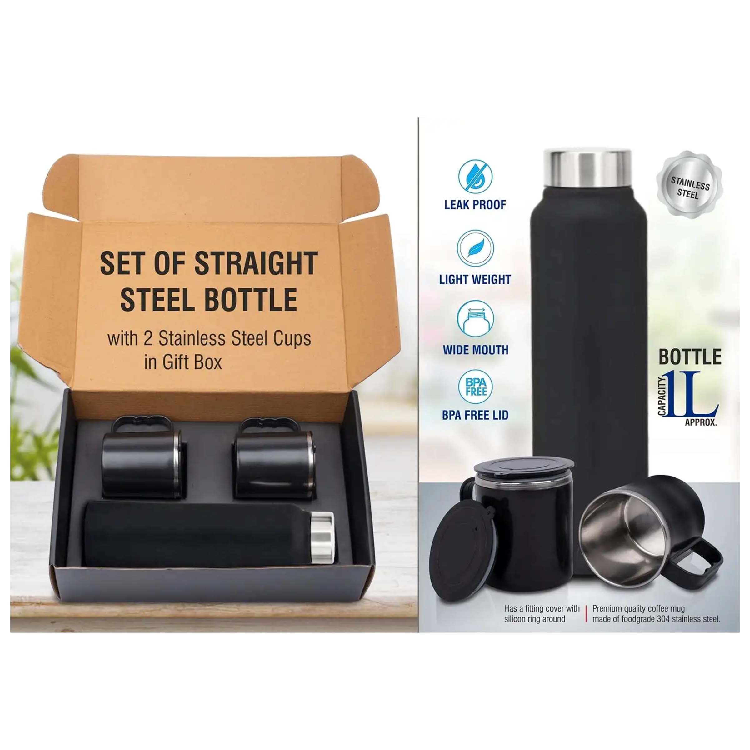 101-Q48*Set of Black Stainless Steel Bottle with 2 Stainless steel cups in Gift box Bottle capacity 1L approx