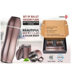 101-Q49*Set of Brown Bullet Vacuum Flask with 2 Stainless steel cups in Gift box | Metallic finish cups