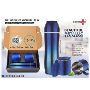 101-Q50*Set of Blue Bullet Vacuum Flask with 2 Stainless steel cups in Gift box | Metallic finish cups