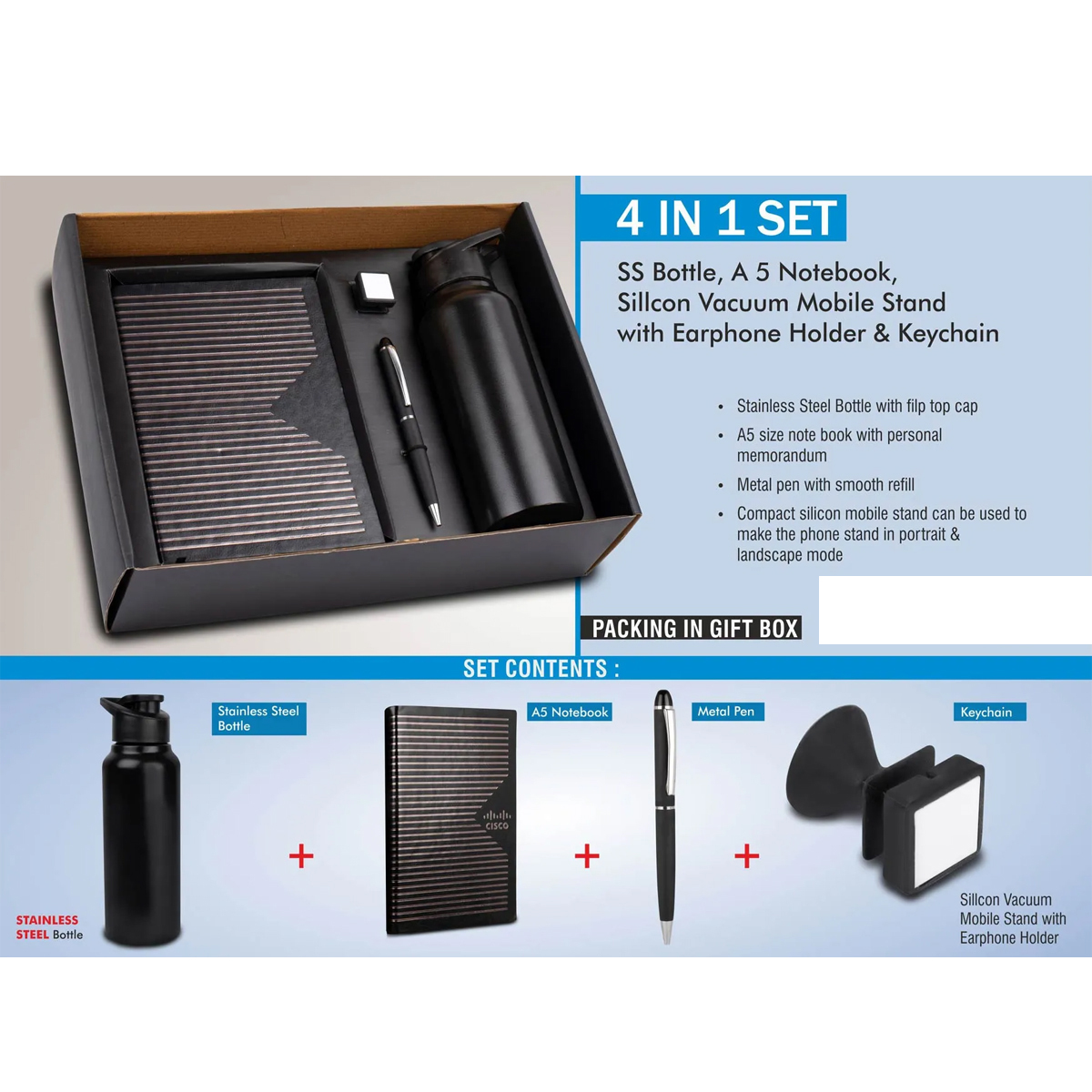 101-Q51*4 in 1 set Stainless Steel bottle metal pen Silicon mobile stand with earphone holder A5 notebook
