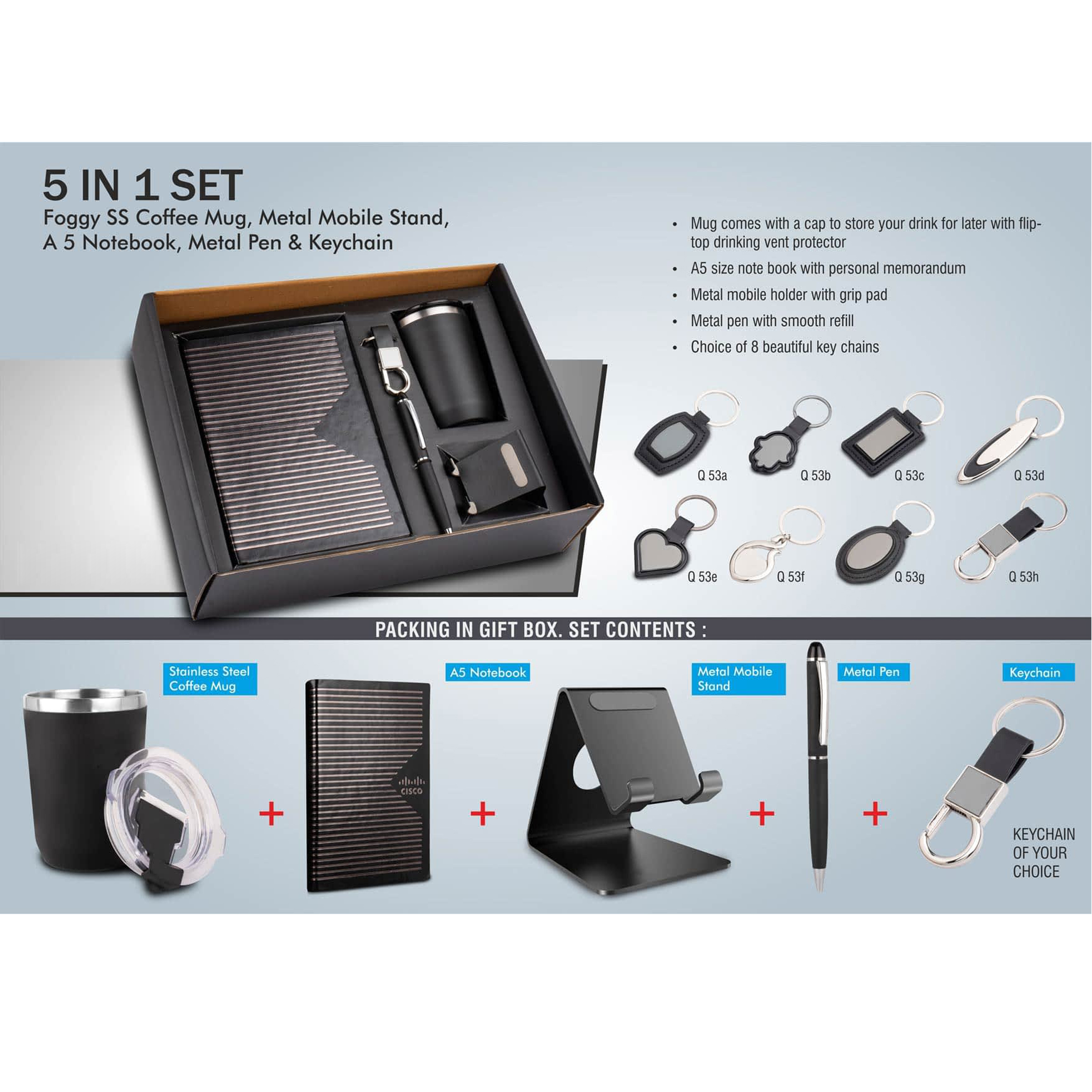 101-Q53*5 in 1 set Foggy SS coffee mug Metal pen Metal mobile stand A5 notebook and Keychain