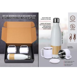 101-Q55a*Set Of Bamboo Cola Vacuum Flask With 2 Stainless Steel Cups In Gift Box