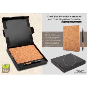 101-Q60*Cork Notebook with Cork Grip Velvet touch pen  Gift set in Black Texture bo