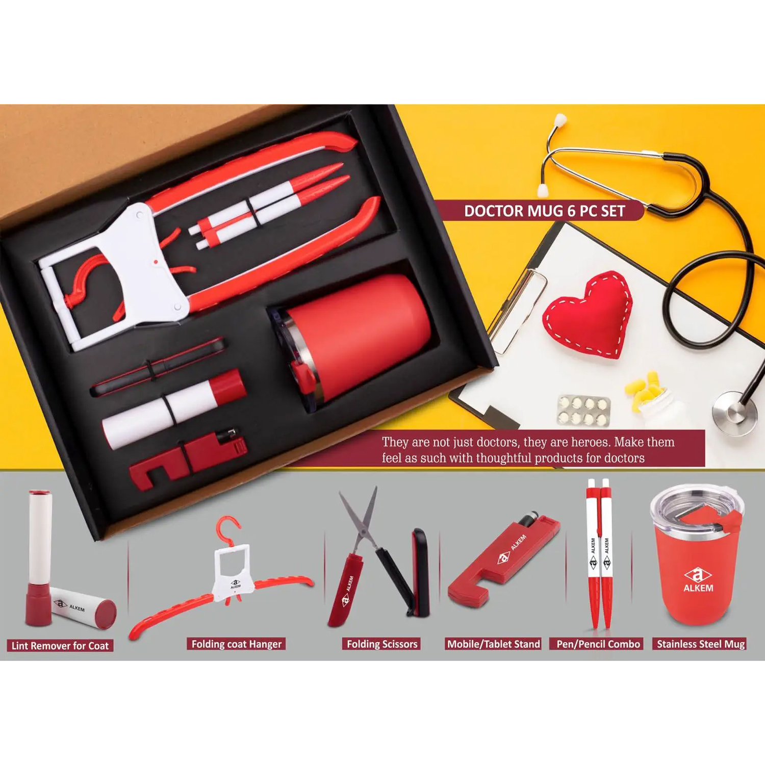 101-Q69*Doctor Mug set Folding Coat hanger Lint remover Folding scissors Mobile Tablet stand PenPencil combo Stainless steel mug 6 pc set