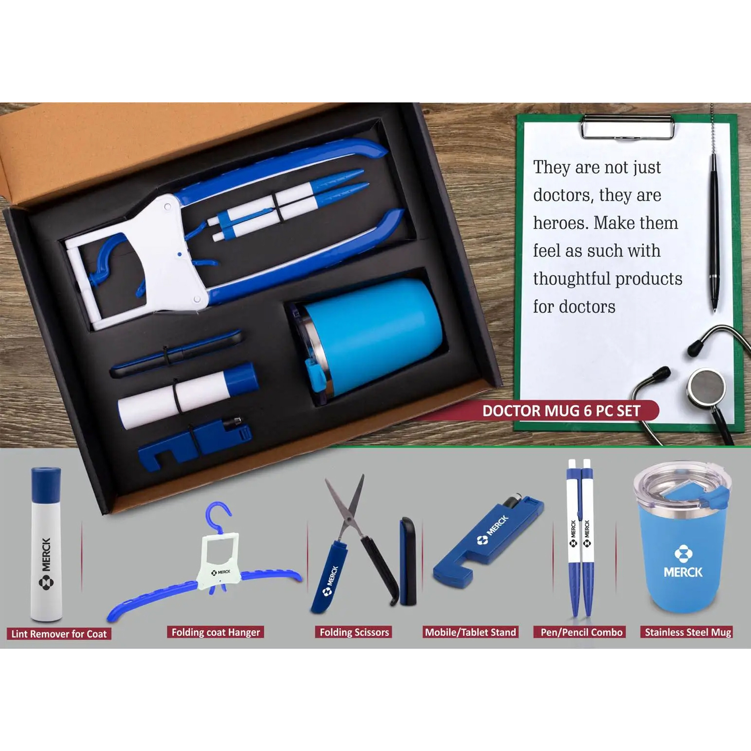 101-Q70*Doctor Mug set Folding Coat hanger Lint remover Folding scissors Mobile Tablet stand PenPencil combo Stainless steel mug 6 pc set