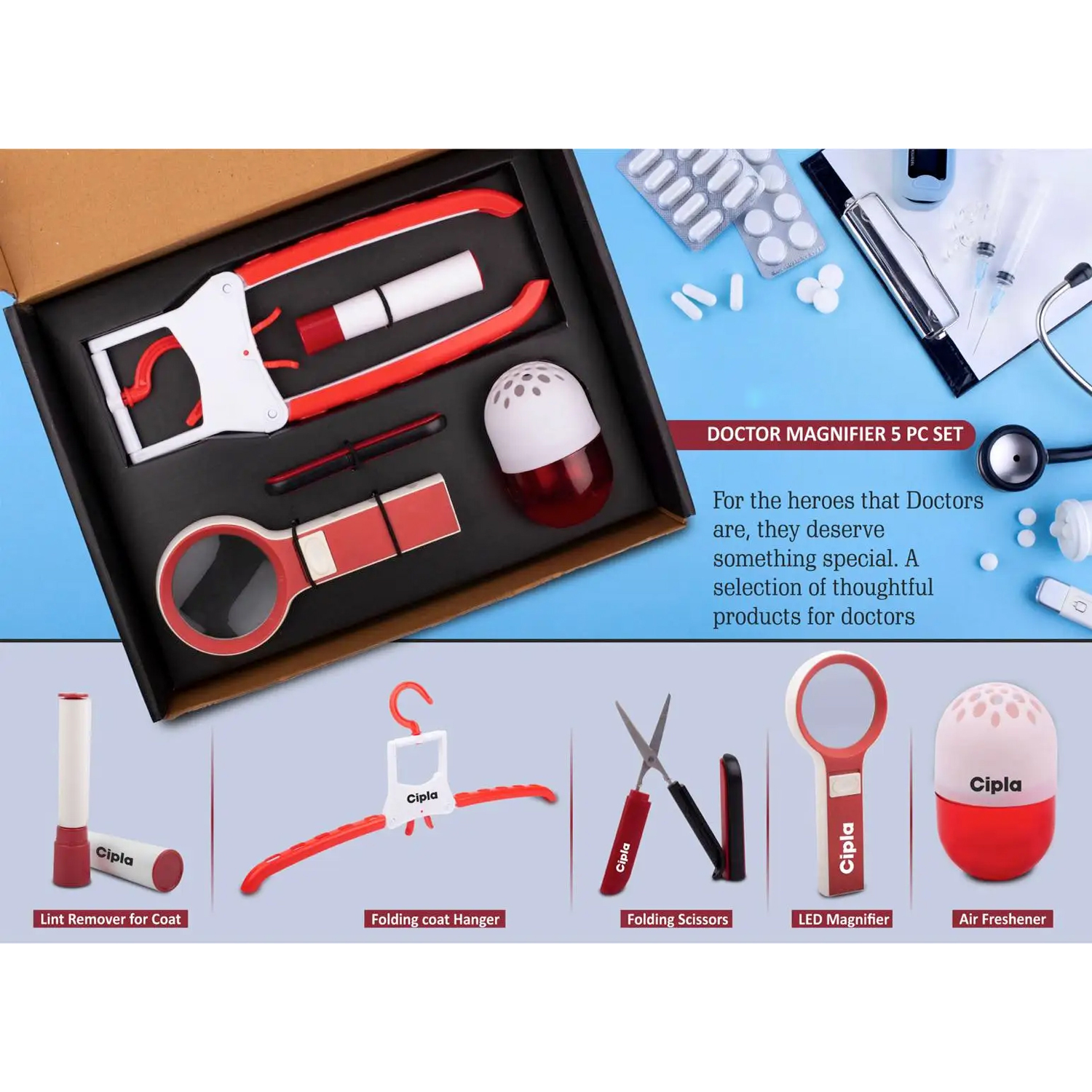 101-Q71*Doctor Magnifier set Folding Coat hanger Lint remover Folding scissors LED Magnifier Capsule shape Air freshener 5 pc set