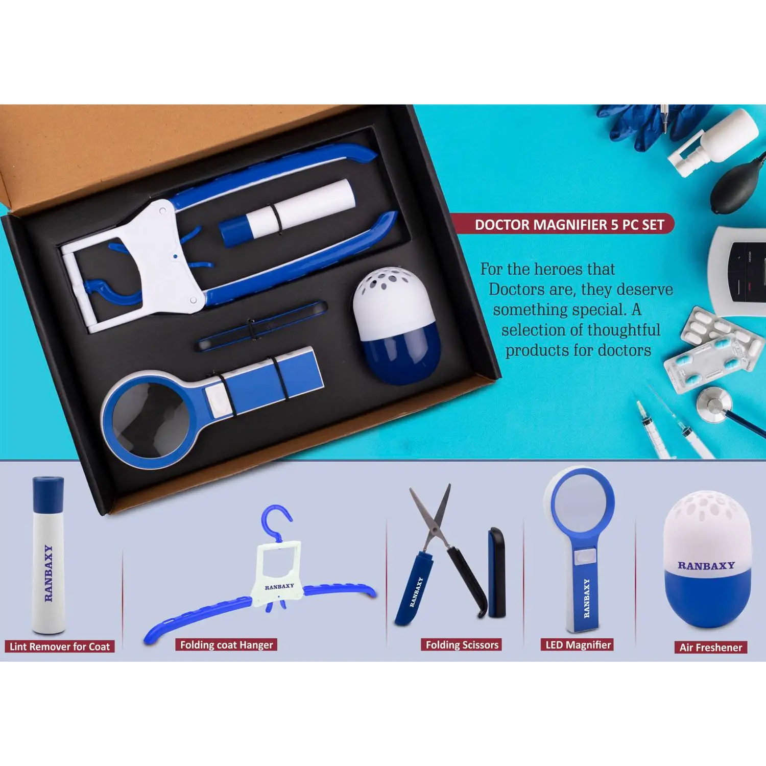 101-Q72*Doctor Magnifier set Folding Coat hanger Lint remover Folding scissors LED Magnifier Capsule shape Air freshener 5 pc set