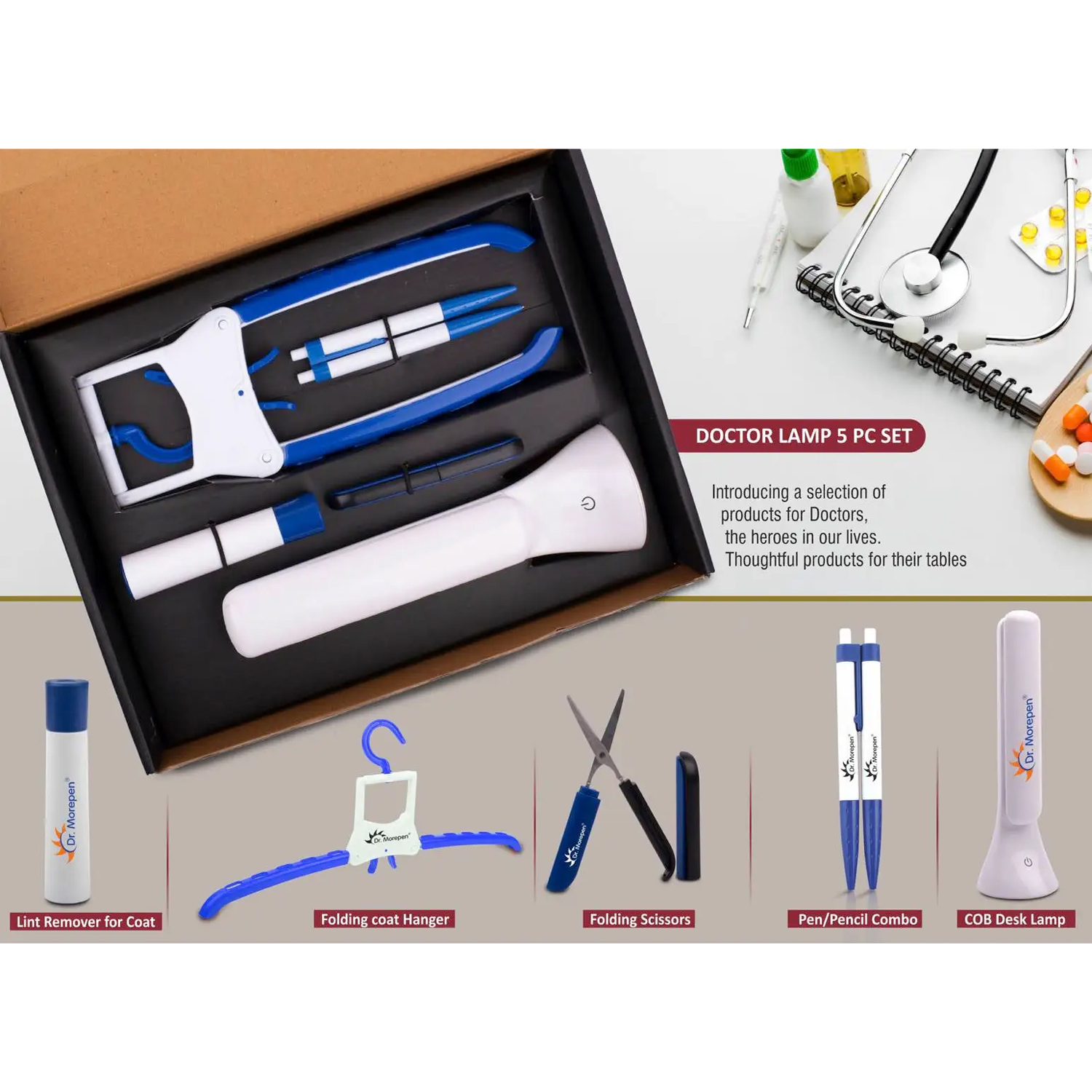101-Q74*Doctor Lamp set Folding Coat hanger Lint remover Folding scissors PenPencil combo COB Desk lamp 5 pc set