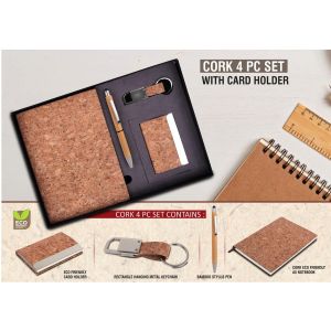 101-Q75A*Cork 4 pc set Cork notebook with Visiting Card holder bamboo pen and keychain