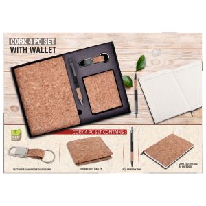 101-Q76*Cork 4 pc set Cork notebook with Wallet, pen and keychain