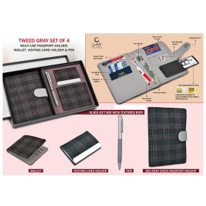 101-Q78*Tweed Gray Set of 4 Multi use Passport holder, Wallet, Card holder, Metal Pen