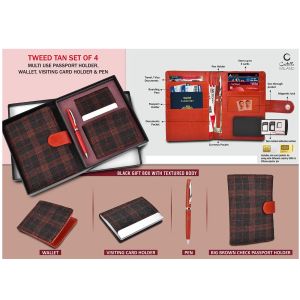 101-Q79*Tweed Tan Set of 4 Multi use Passport holder, Wallet, Card holder, Metal Pen